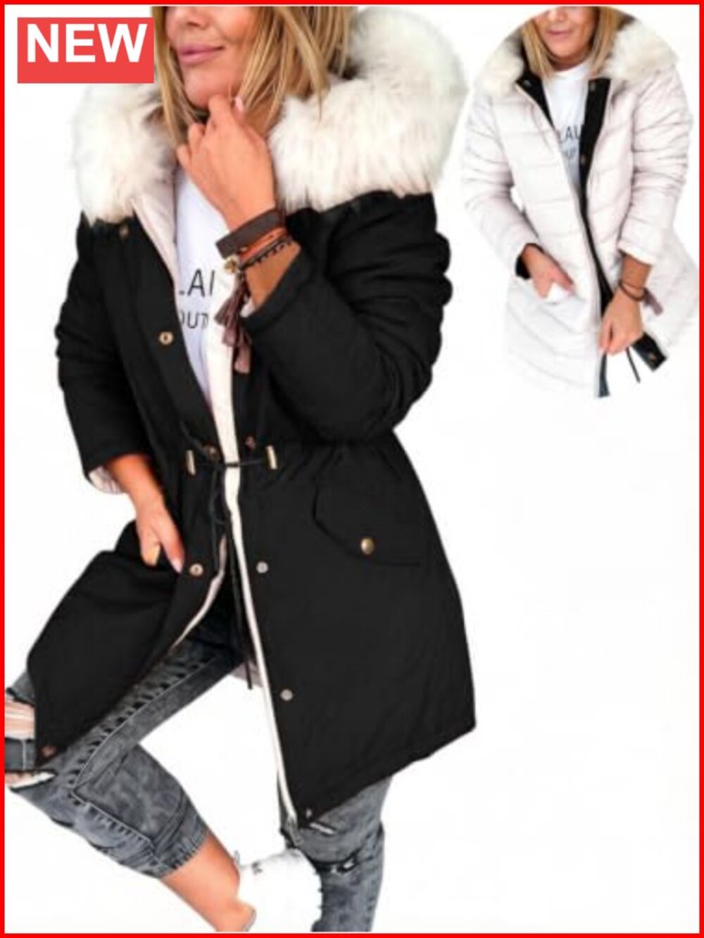 Reversible Women's Puffer Coat with Faux Fur Hood, Long Sleeve Parka, Quilted